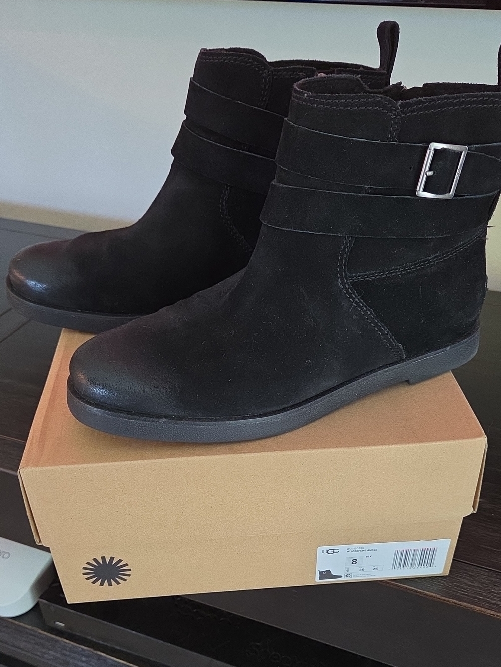Black Suede Women's UGG Ankle Boots - Classic Buckle Detail- Size 8